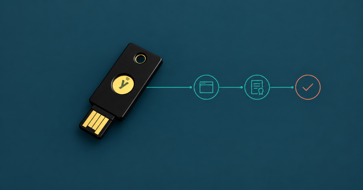YubiKey 5 NFC зі схемою перевірки оригінальності: браузер, сертифікат атестації Yubico і підтвердження