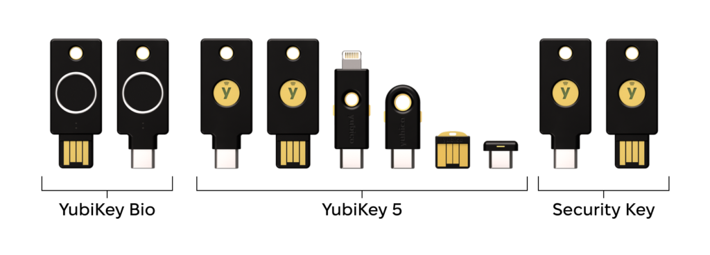 Чотири серії ключів Yubico: Security Key, YubiKey 5, YubiKey Bio, YubiKey 5 FIPS — протоколи і формфактори