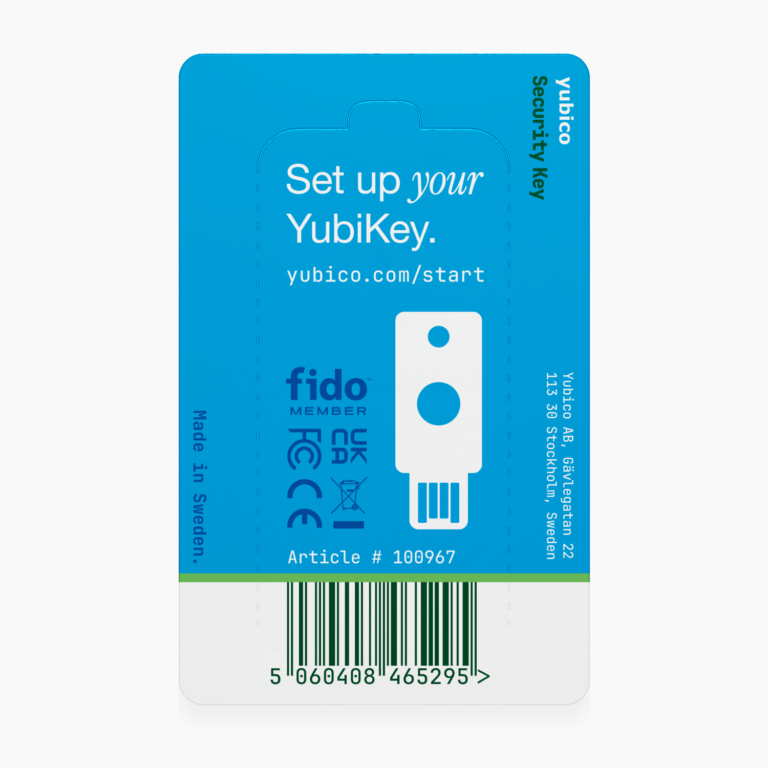 Зворотний бік упаковки Security Key NFC від Yubico з інструкцією для налаштування та позначкою FIDO